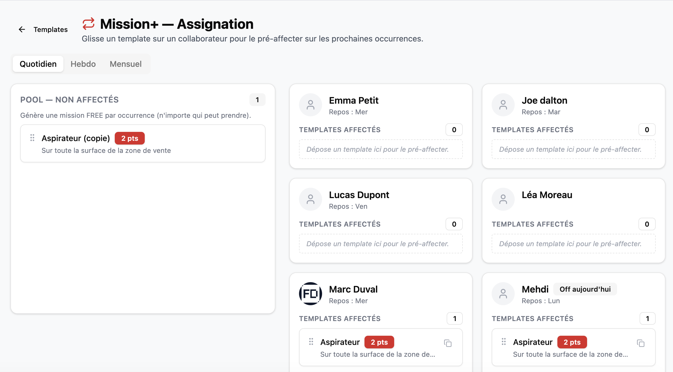 Module Mission+ MYCOM — assignation des missions récurrentes par glisser-déposer avec points