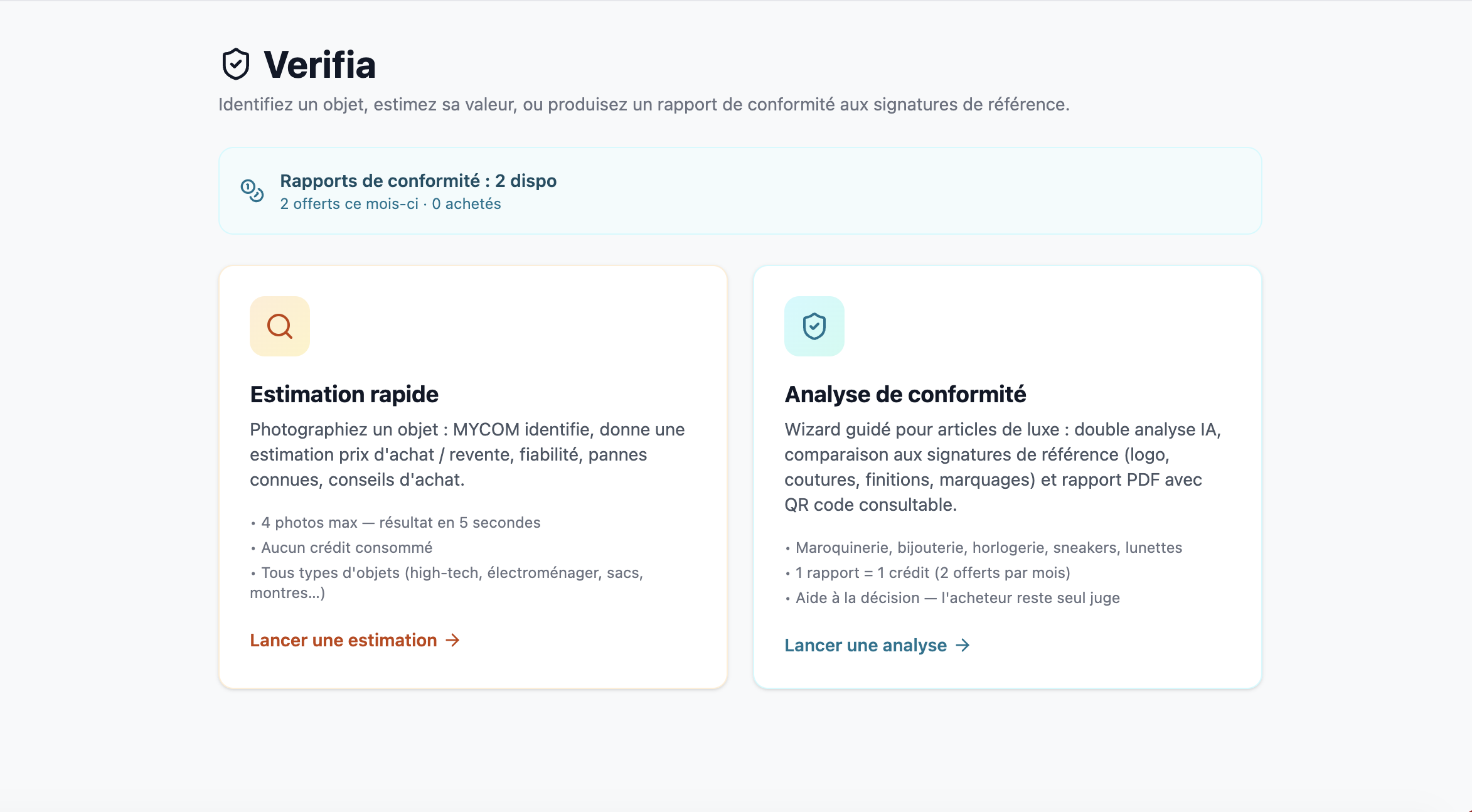 Module Verifia MYCOM — estimation rapide et analyse de conformité des produits de luxe